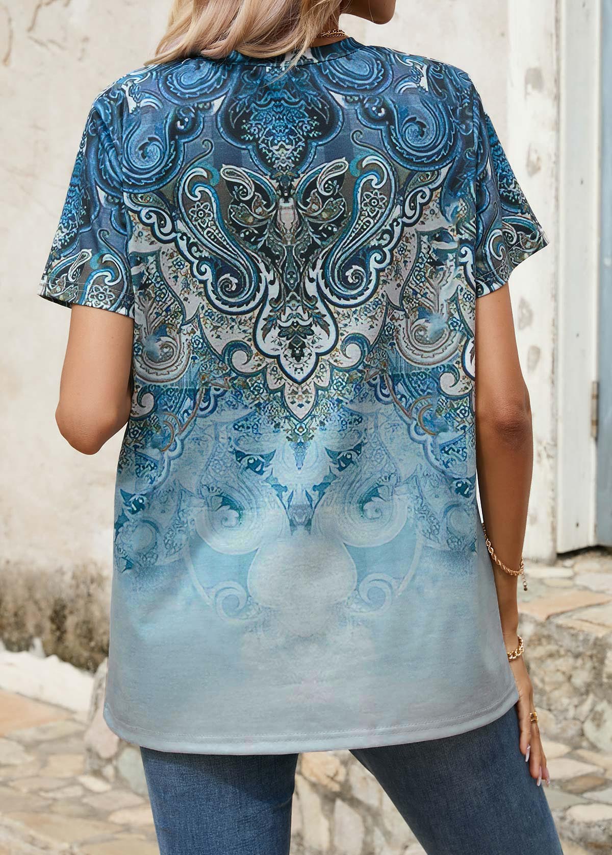 Tribal Print Button Blue Split Neck T Shirt