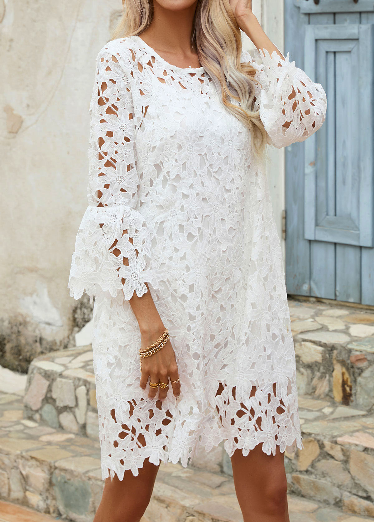 White Camsiole and Round Neck Lace Dress
