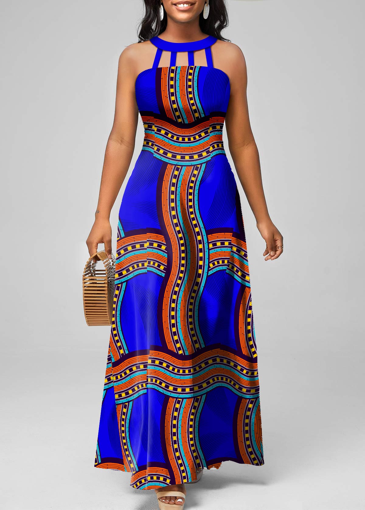 Tribal Print Cage Neck Royal Blue Maxi Dress