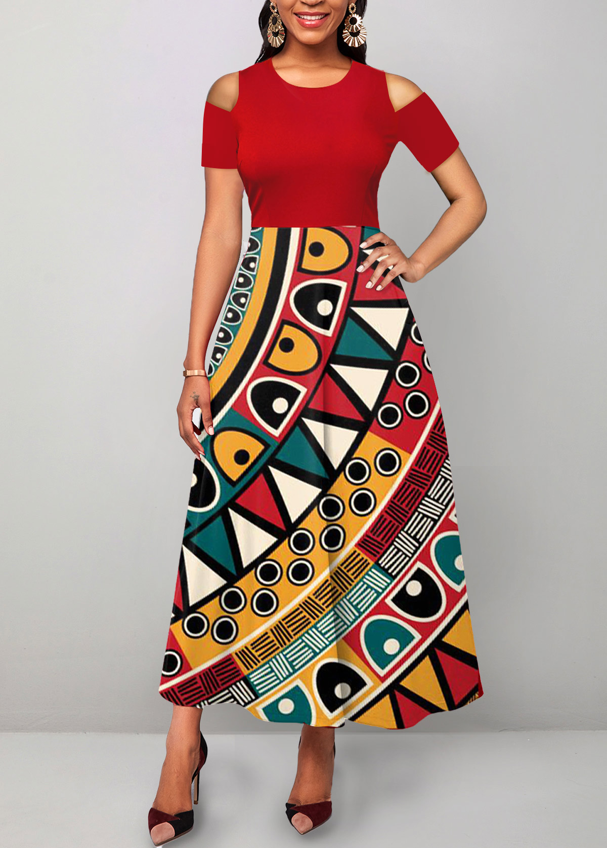 Tribal Print Cut Out Red Maxi Dress