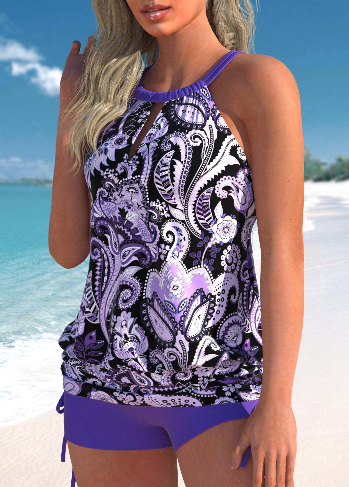 Paisley Print Criss Cross Violet Tankini Set