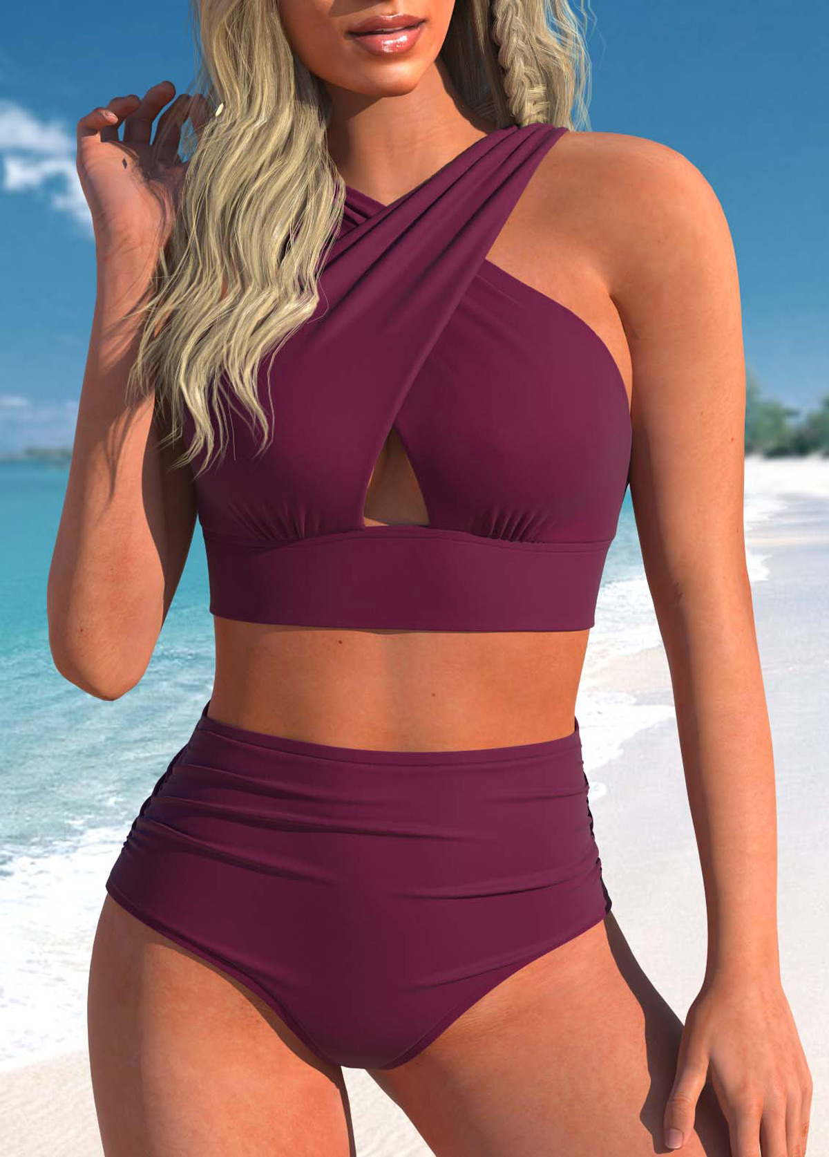 Criss Cross Dark Reddish Purple Cutout Bikini Set