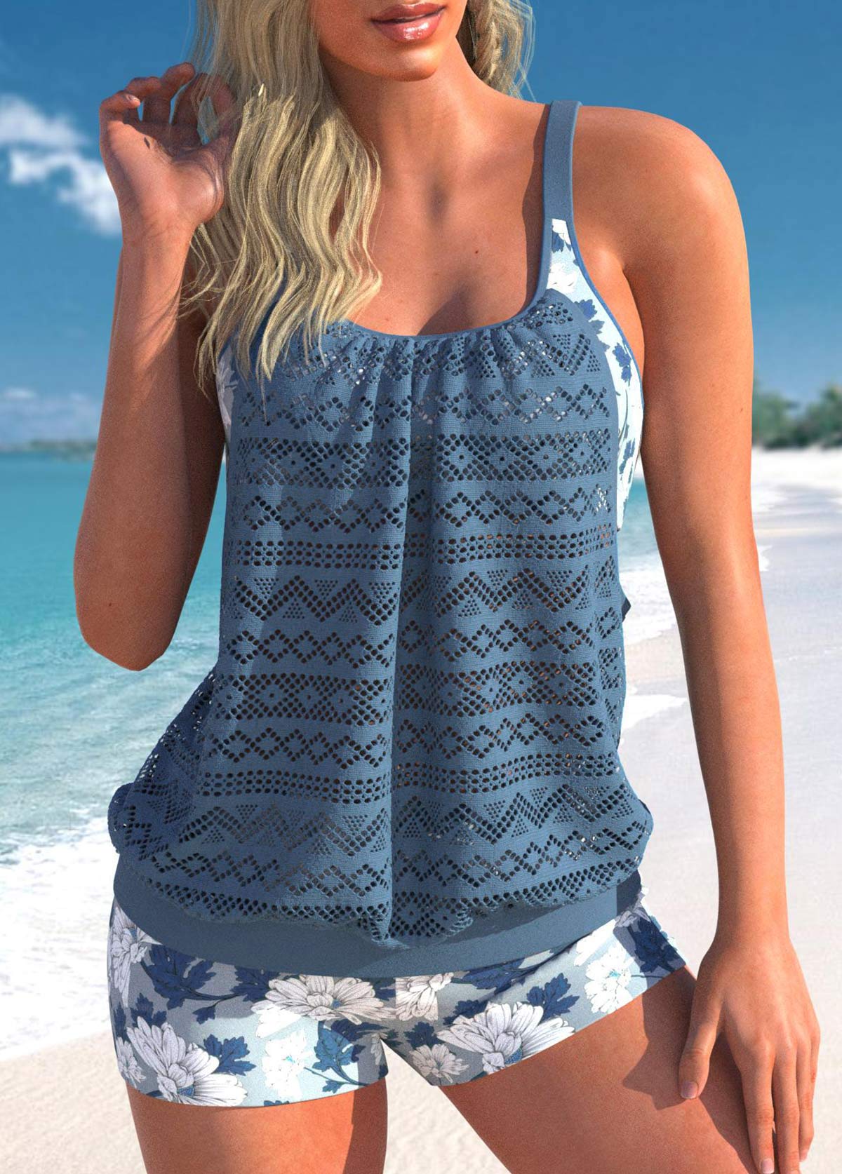 Floral Print Lace Dusty Blue Tankini Top-No Bottom