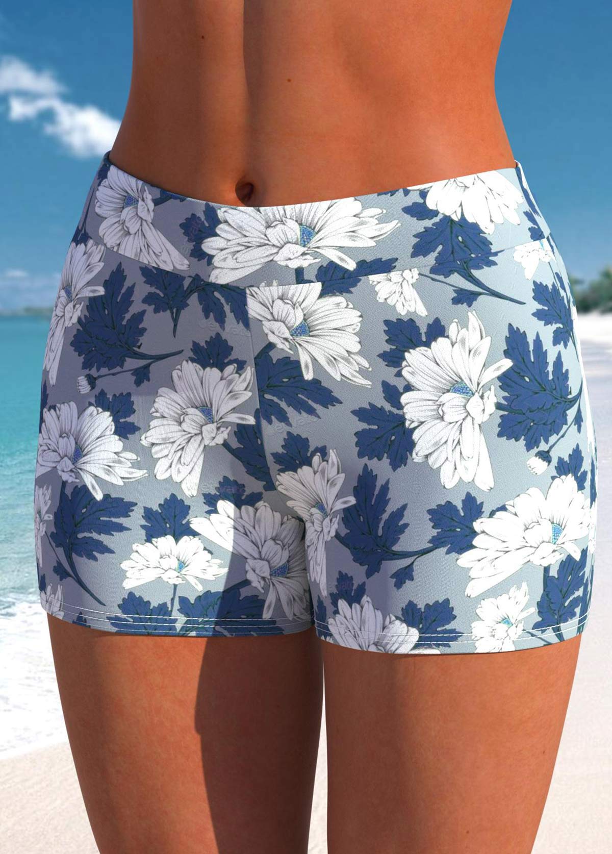 Mid Waisted Dusty Blue Floral Print Swim Shorts