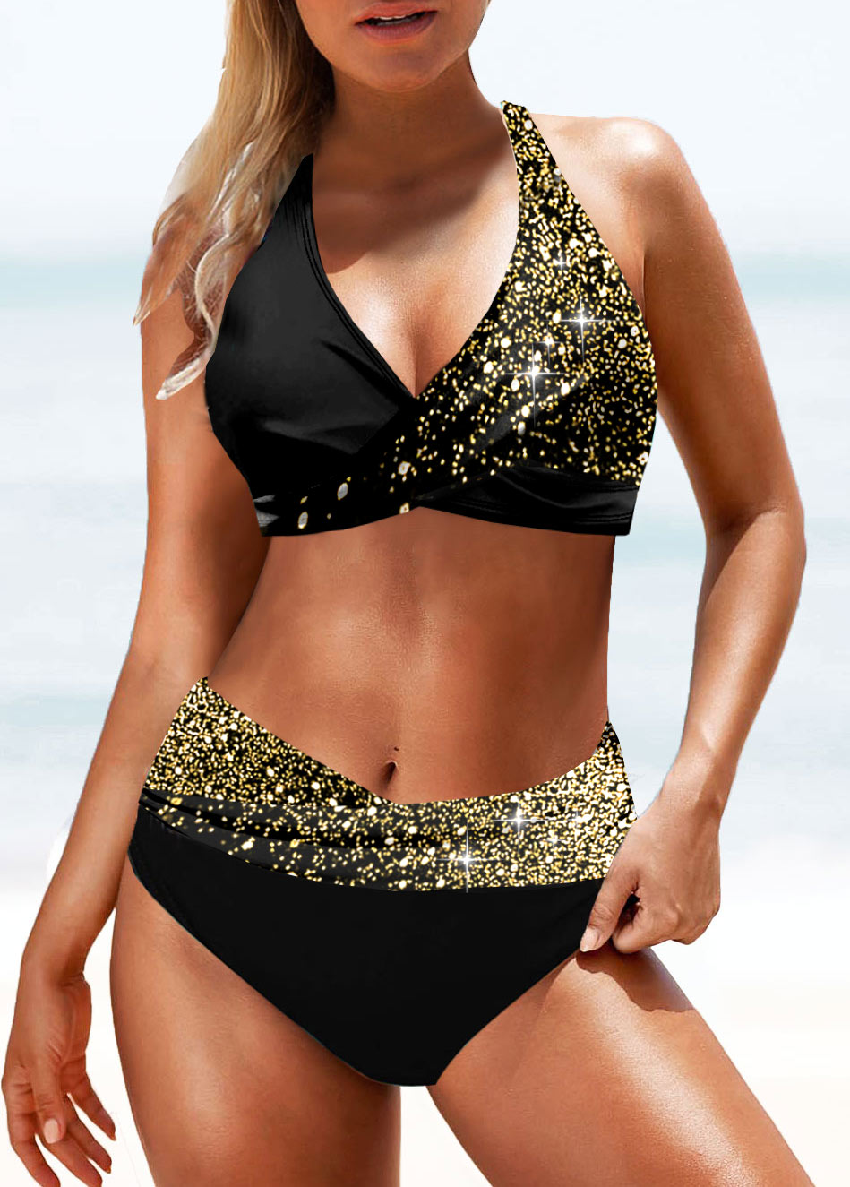 Shinning Criss Cross Gold Bikini Set