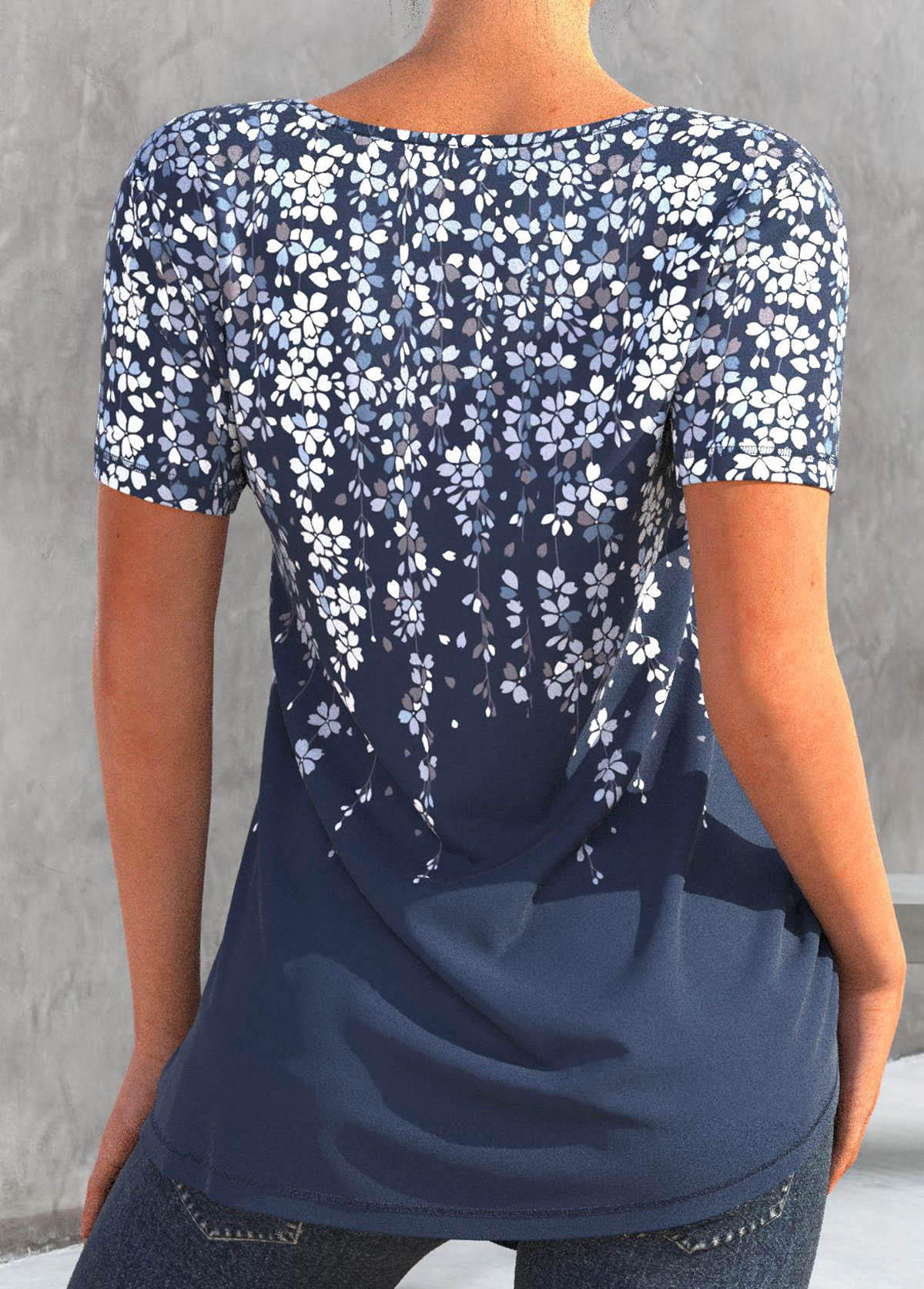 Floral Print Asymmetry Denim Blue T Shirt