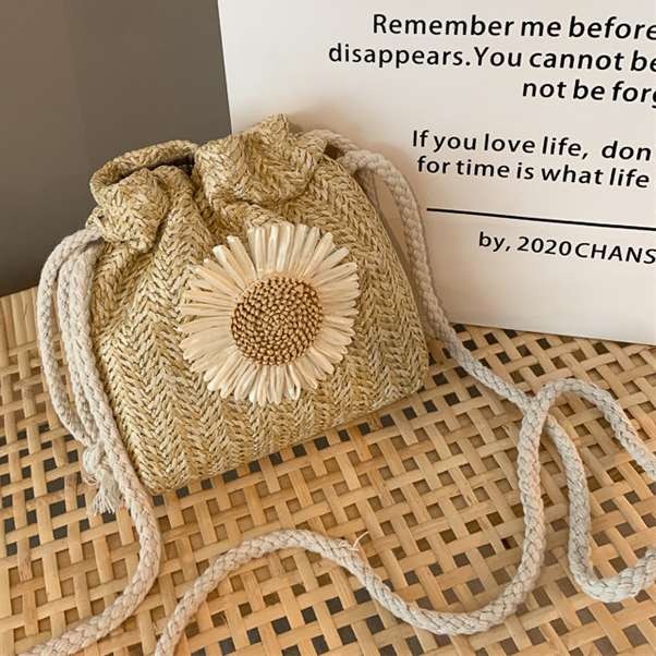 Light Camel Sunflower Print Drawstring Shoulder Bag