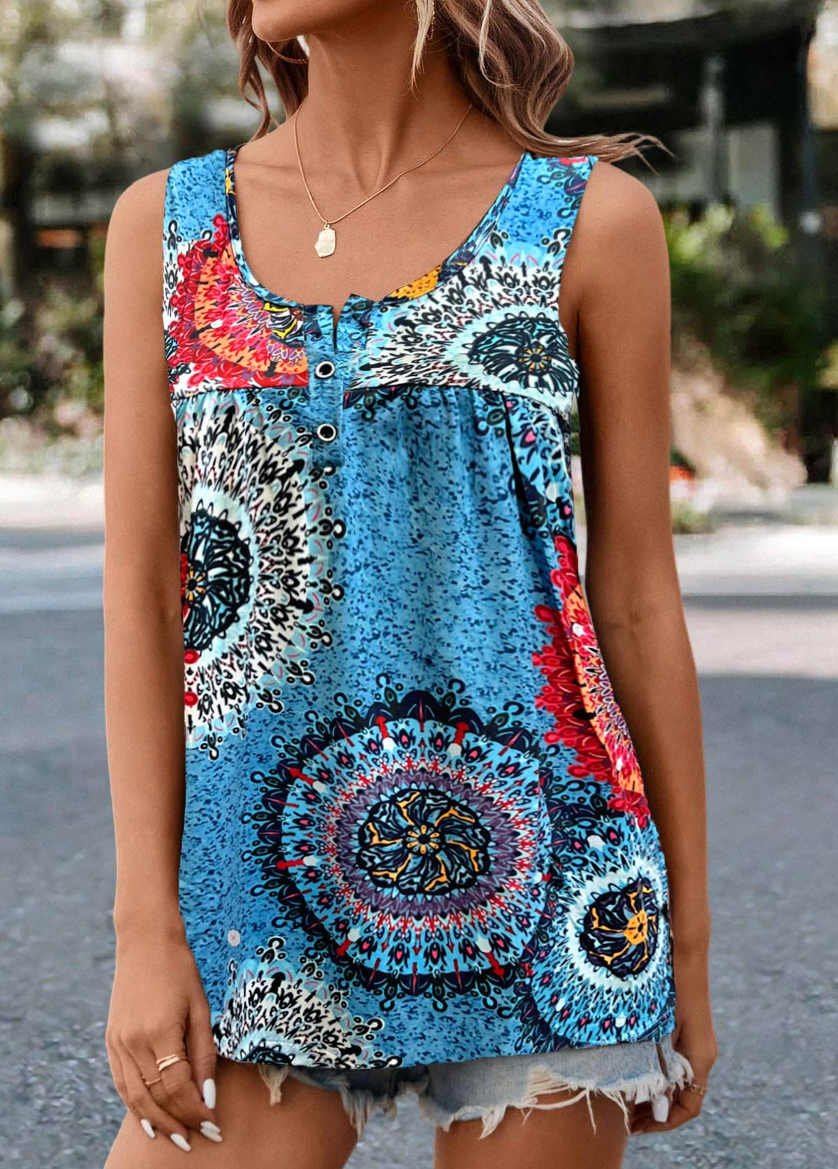 Tribal Print Button Light Blue Tank Top