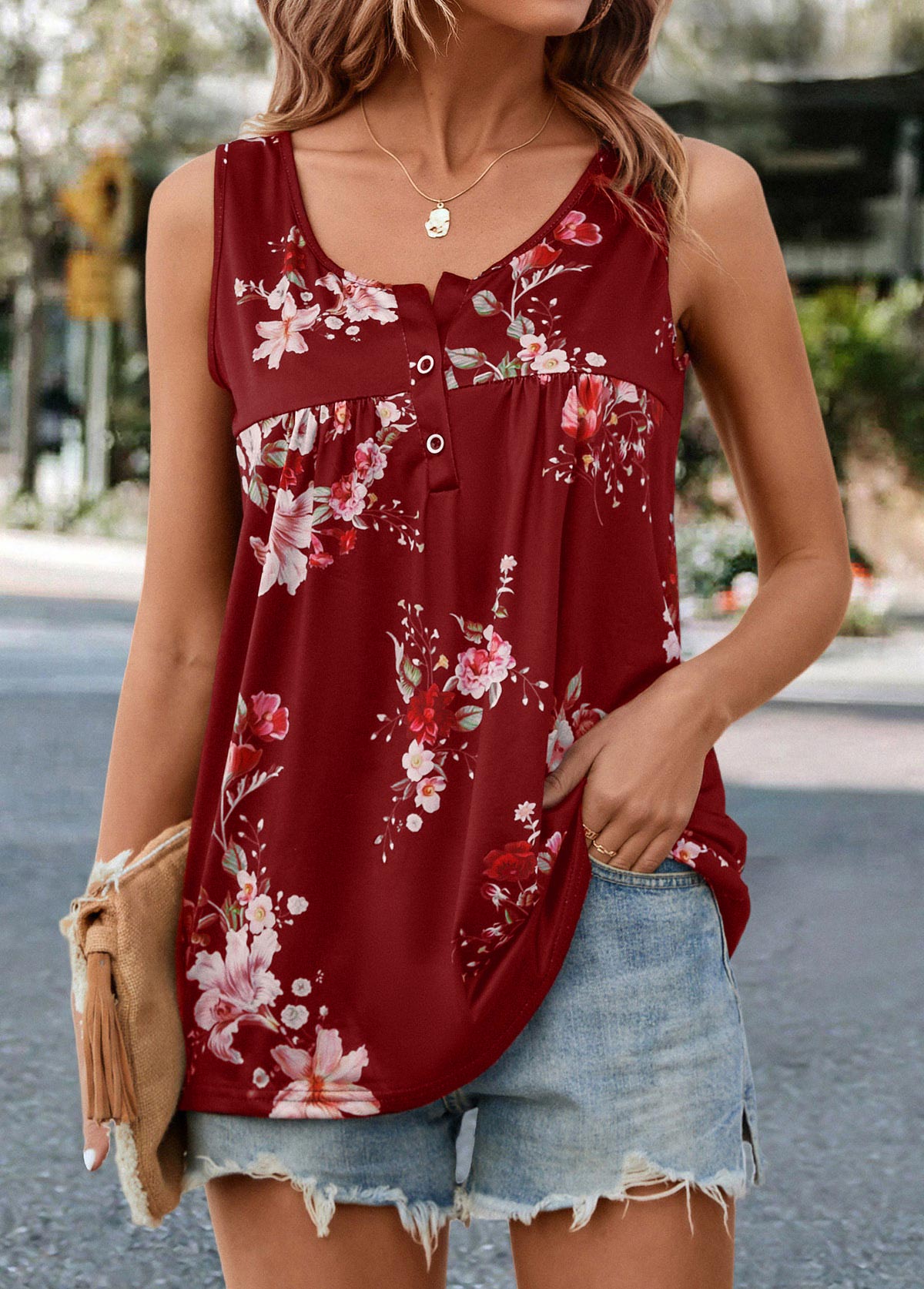 Floral Print Button Wine Red Tank Top