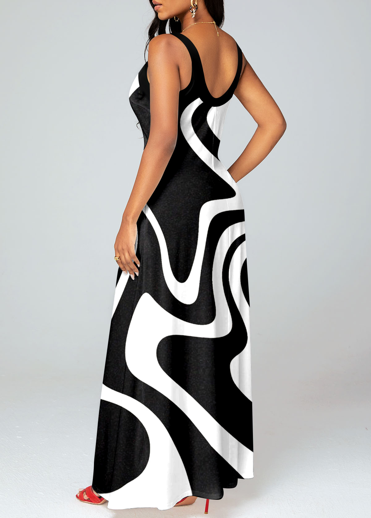Geometric Print Criss Cross Black Maxi Dress