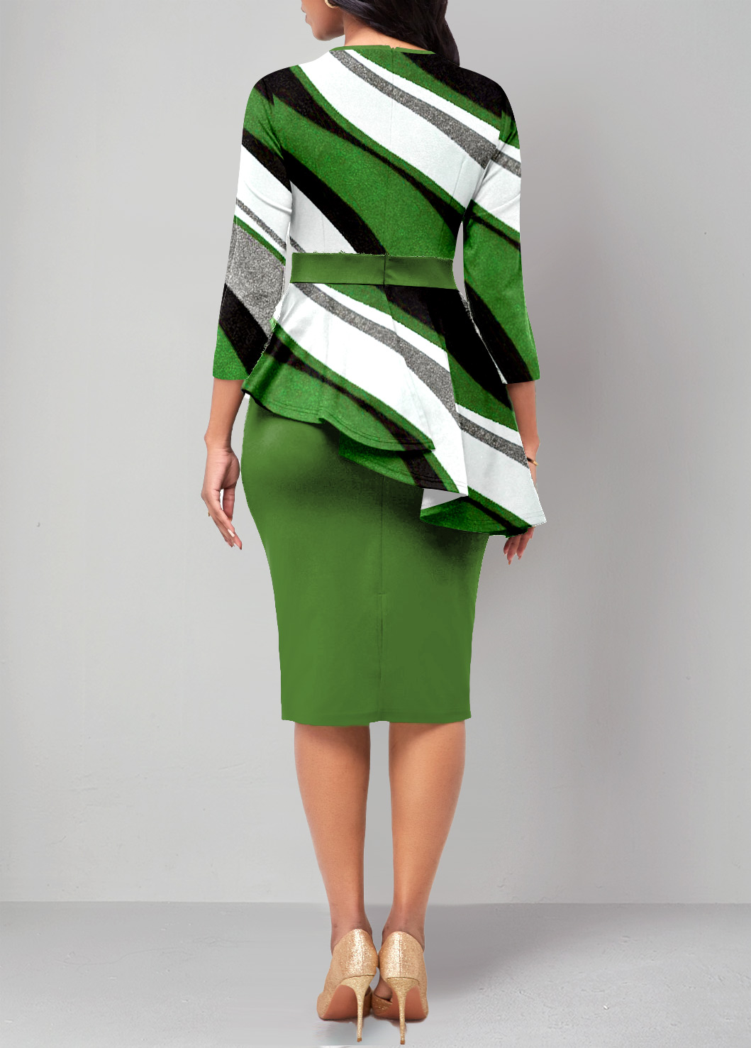 Geometric Print Fake 2in1 Green Round Neck Dress