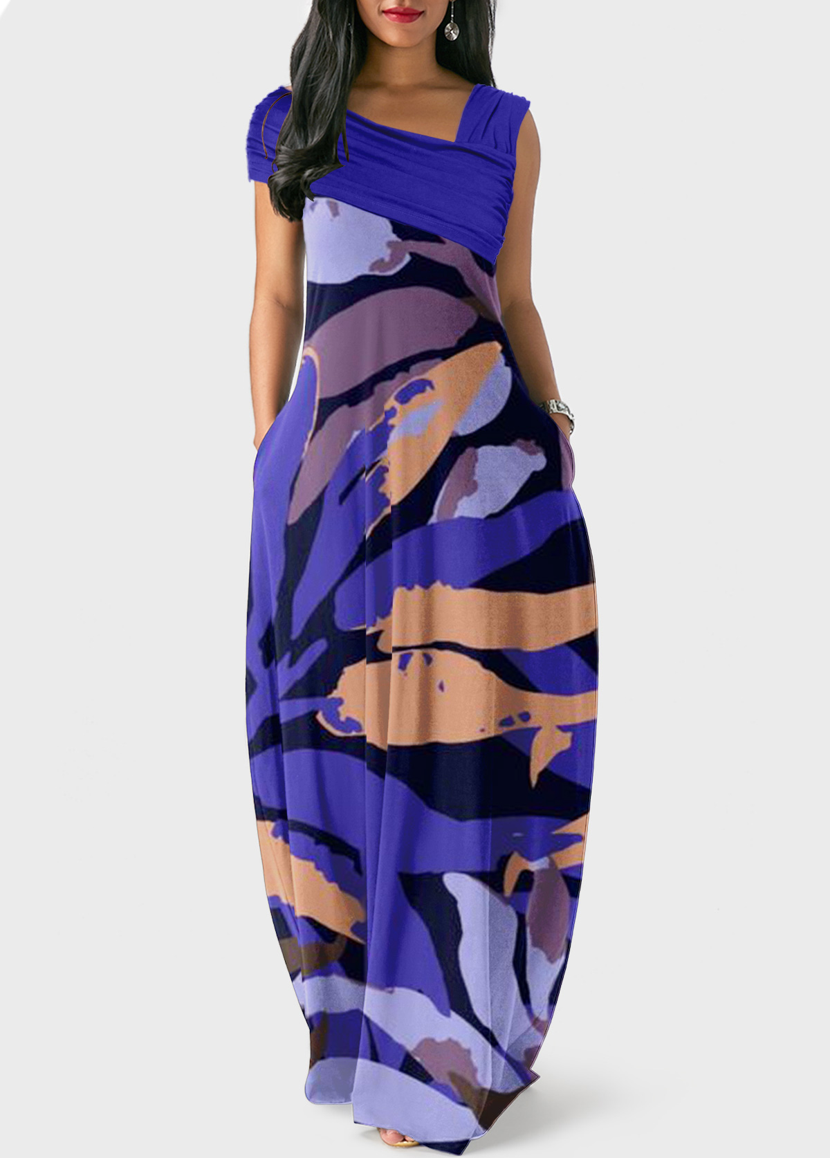 Leaf Print Ruched Purple Maxi Dress | Rosewe.com - USD $28.98