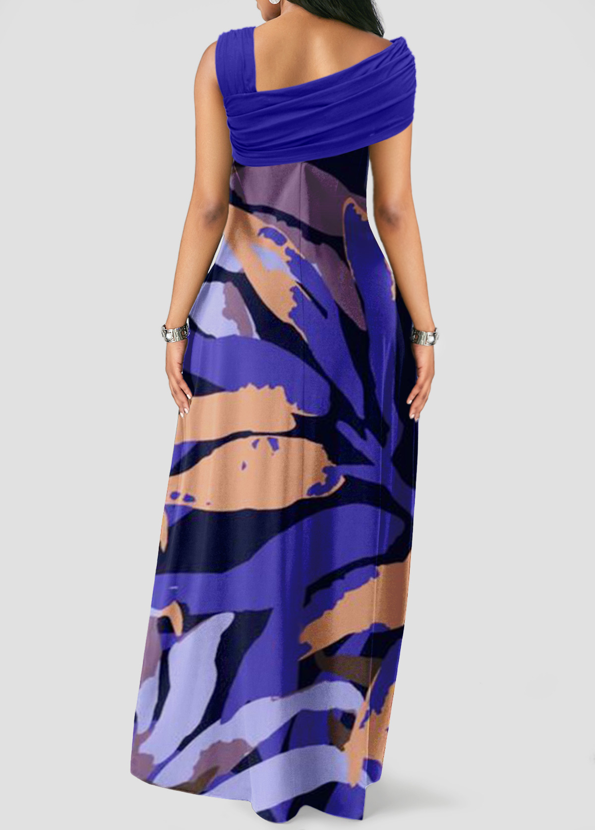 Leaf Print Ruched Purple Maxi Dress