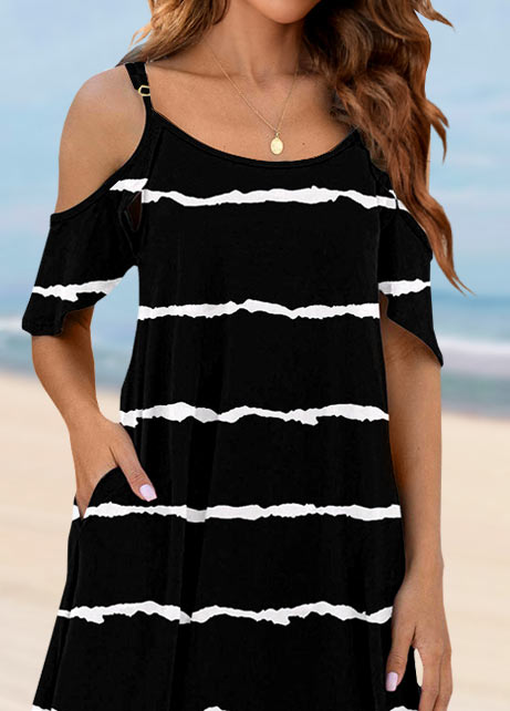Striped Pocket Black Short A Line Cold Shoulder Dress