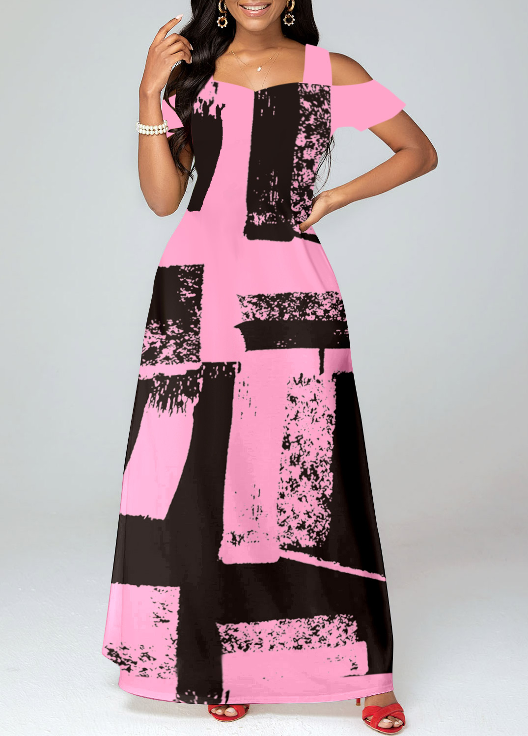 Graffiti Print Pocket Pink O Shape Maxi Dress