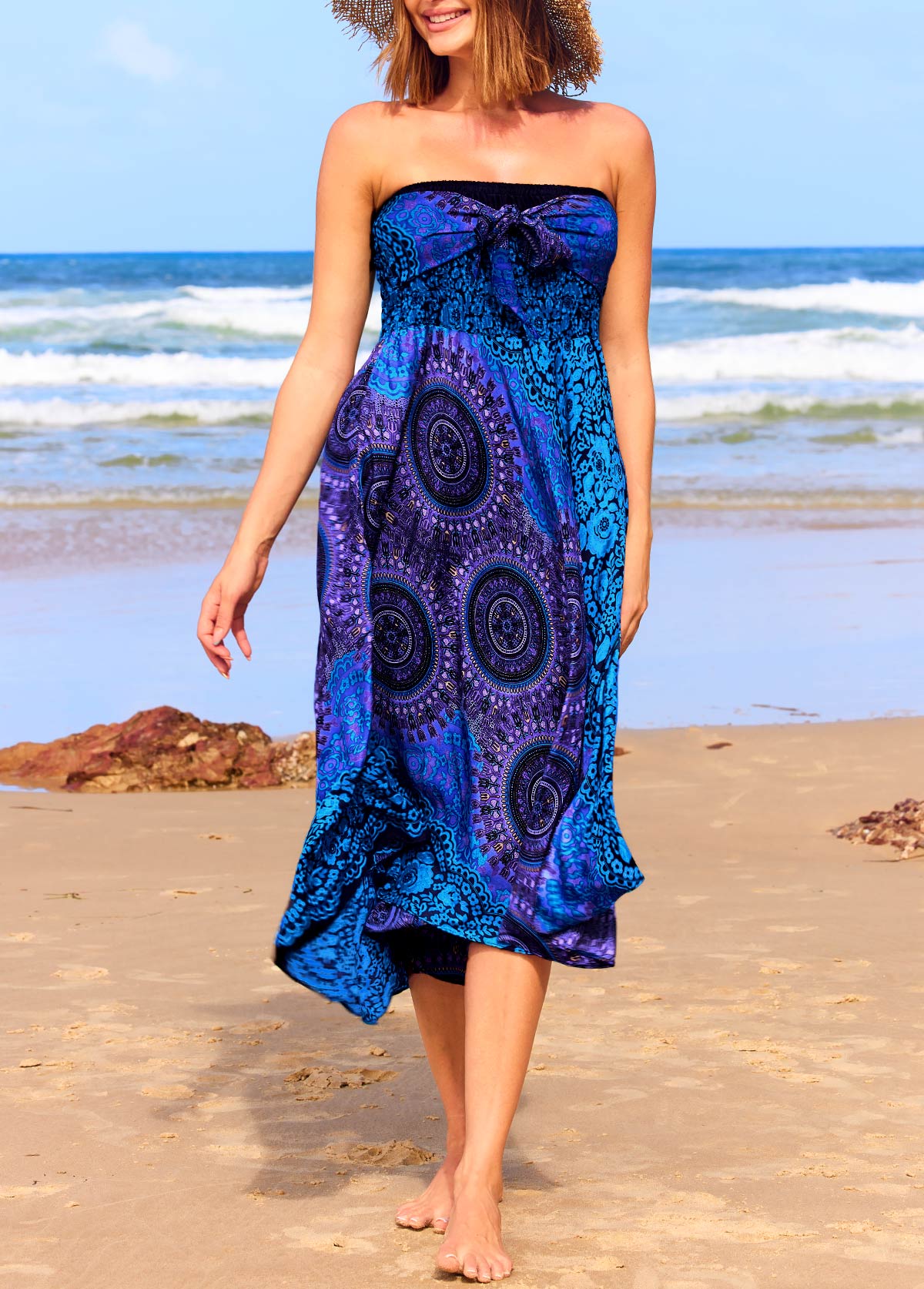 Tribal Print Smocked Blue Beach Skirt