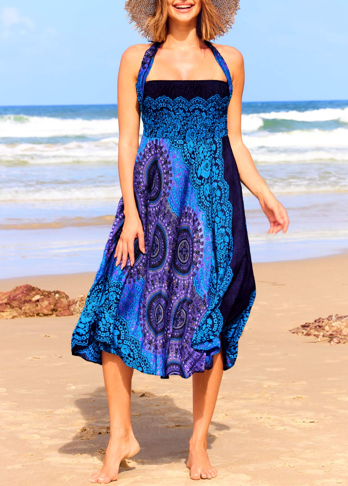 Tribal Print Smocked Blue Beach Skirt