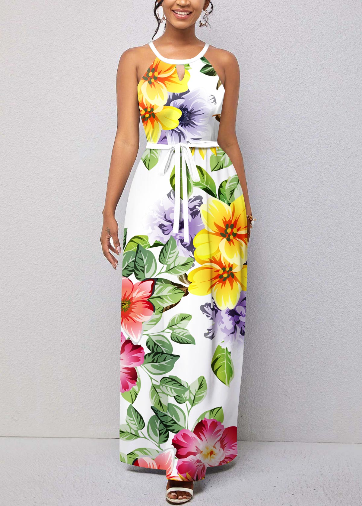 Floral Print Cut Out Belted White Maxi Dress