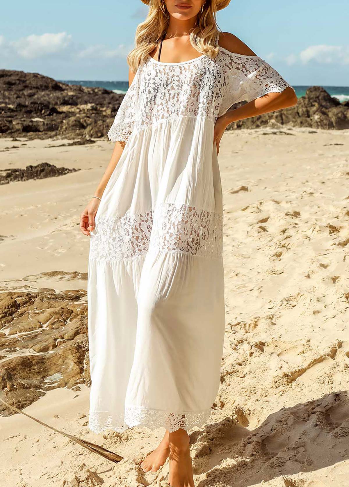 Round Neck White Lace Stitching Cover Up