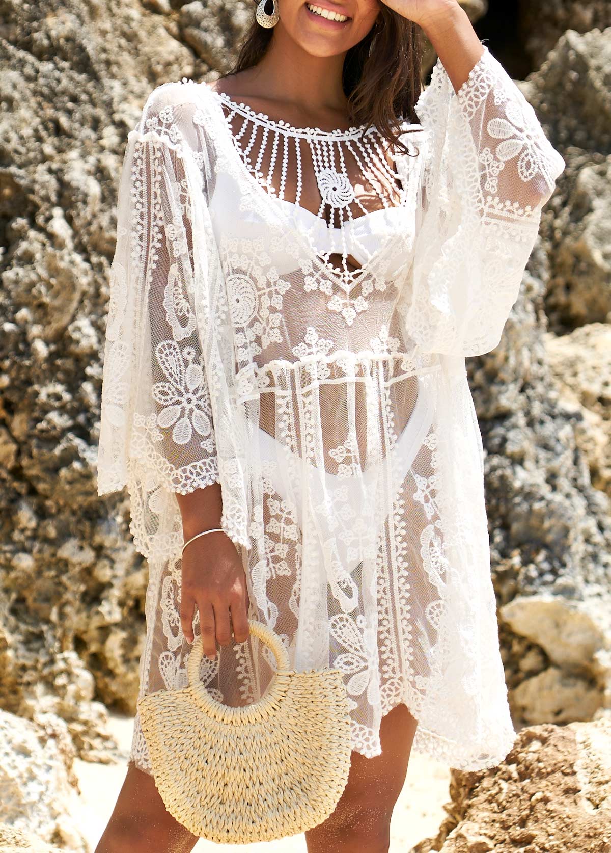 White Cage Neck Sheer Embroidered Cover Up