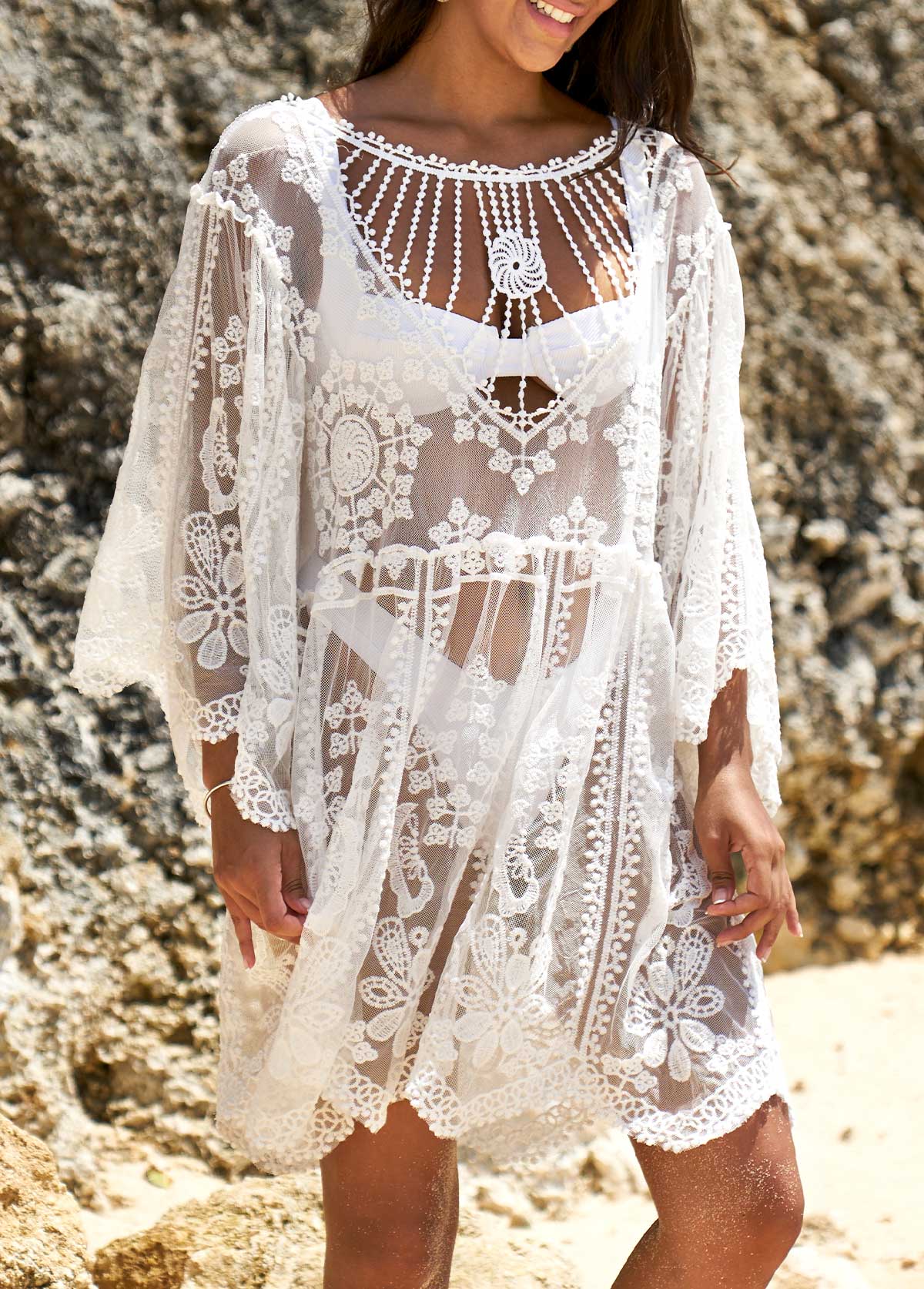 White Cage Neck Sheer Embroidered Cover Up