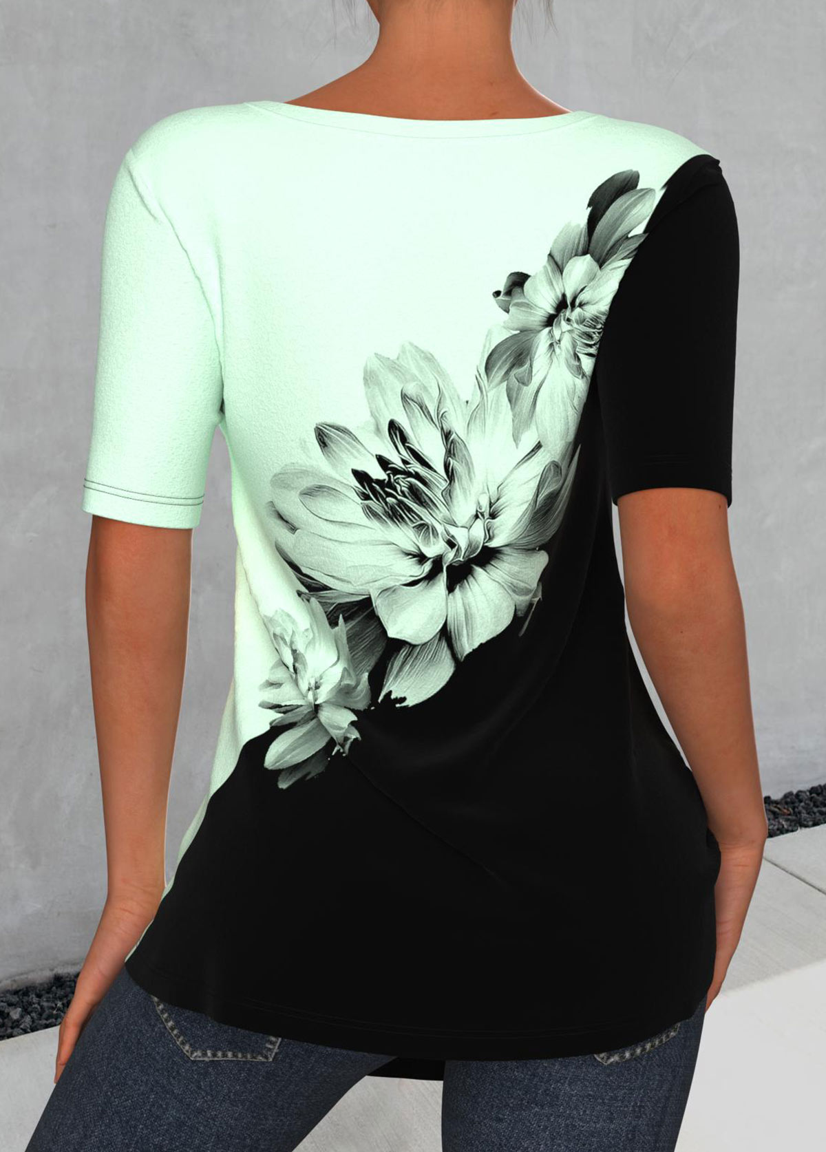 Light Green V Neck Floral Print T Shirt
