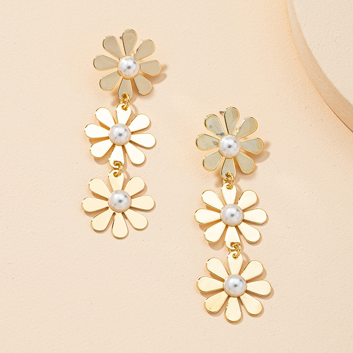 Floral Pearl Metal Detail Golden Round Earrings