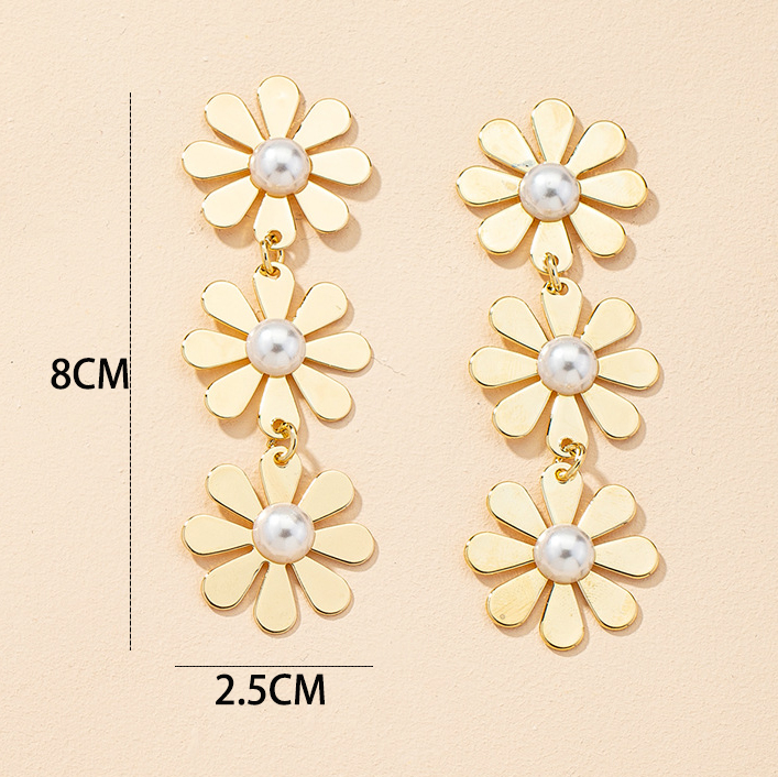 Floral Pearl Metal Detail Golden Round Earrings