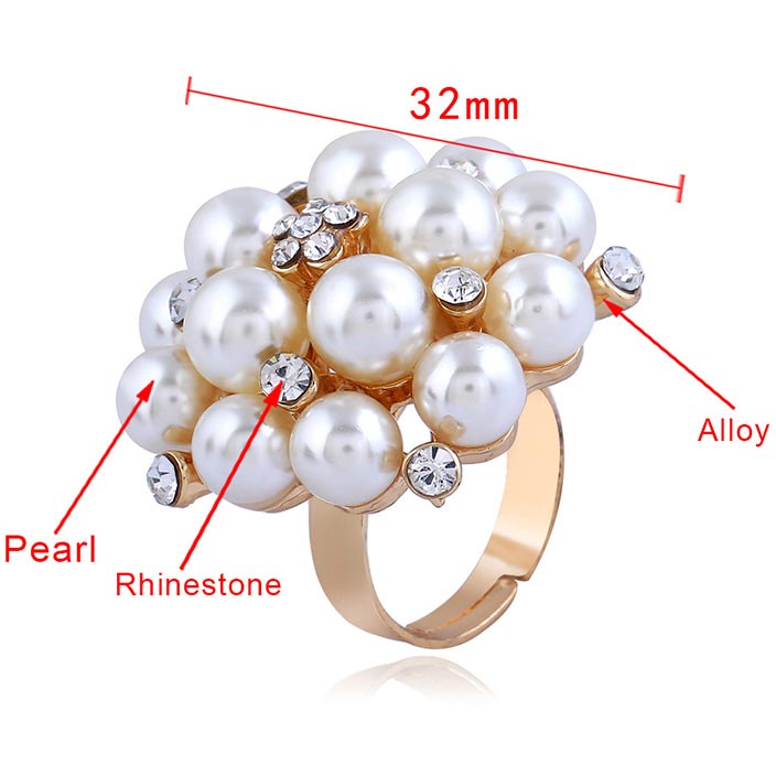 Gold Rhinestone Pearl Open Adjustable Ring
