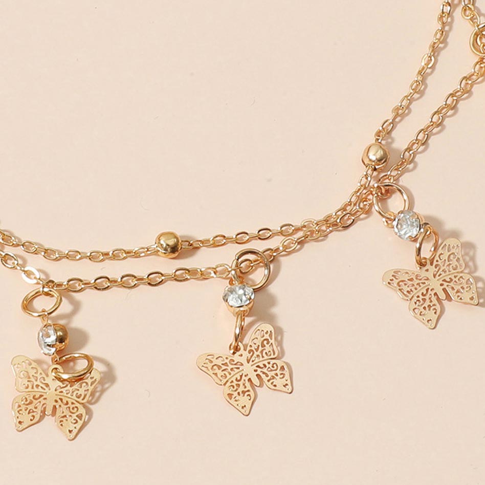 Rhinestone Layered Design Gold Butterfly Anklet