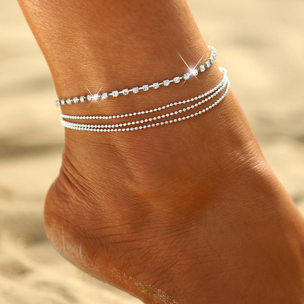 Rhinestone Beads Silvery White Layered Anklet
