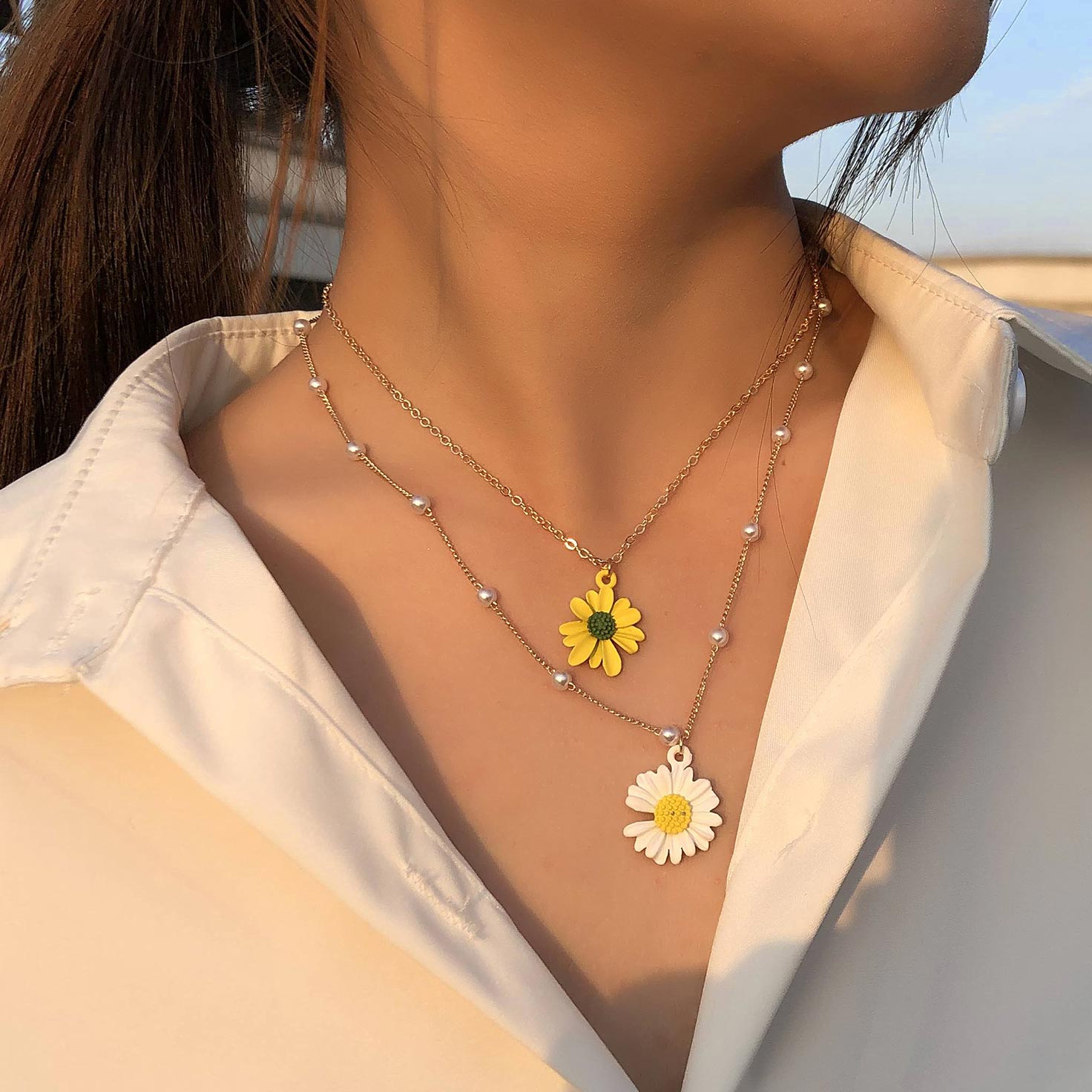 Pearl Layered Gold Floral Design Necklace