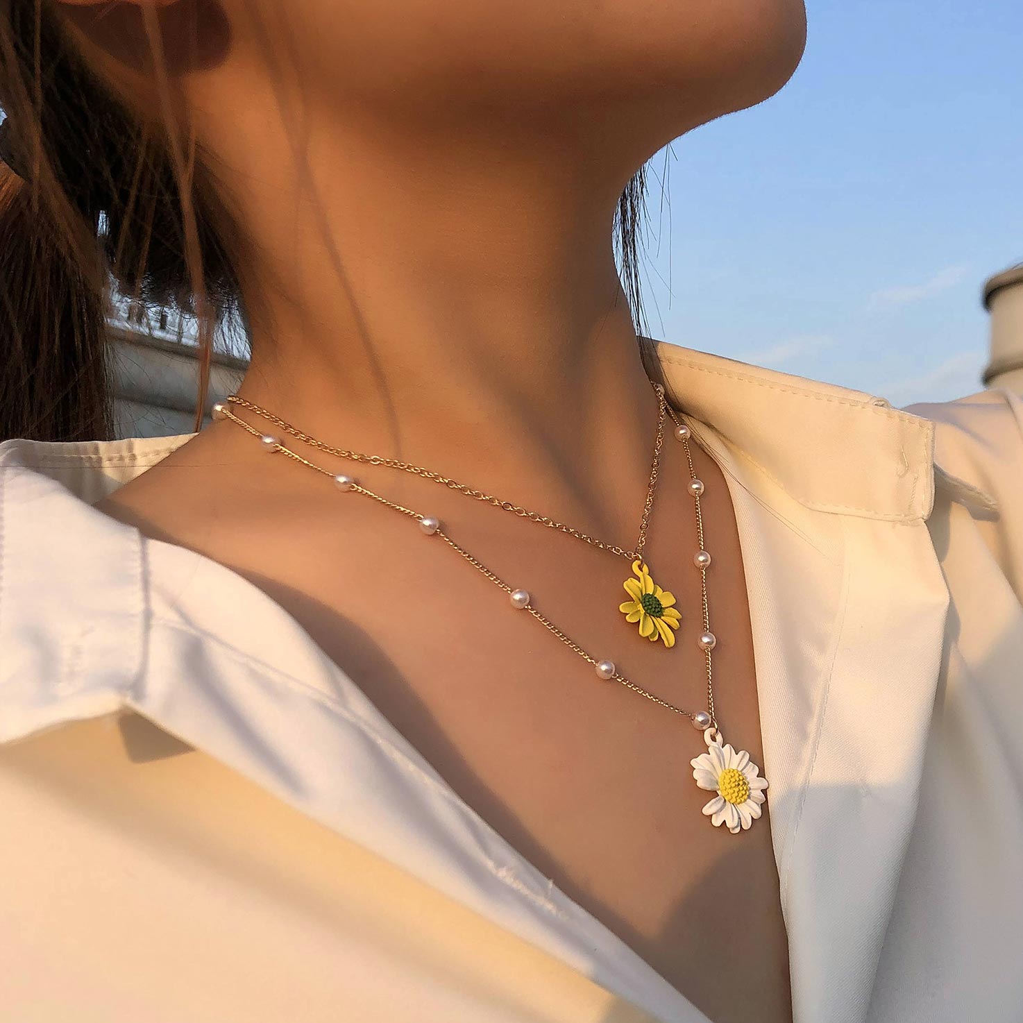 Pearl Layered Gold Floral Design Necklace