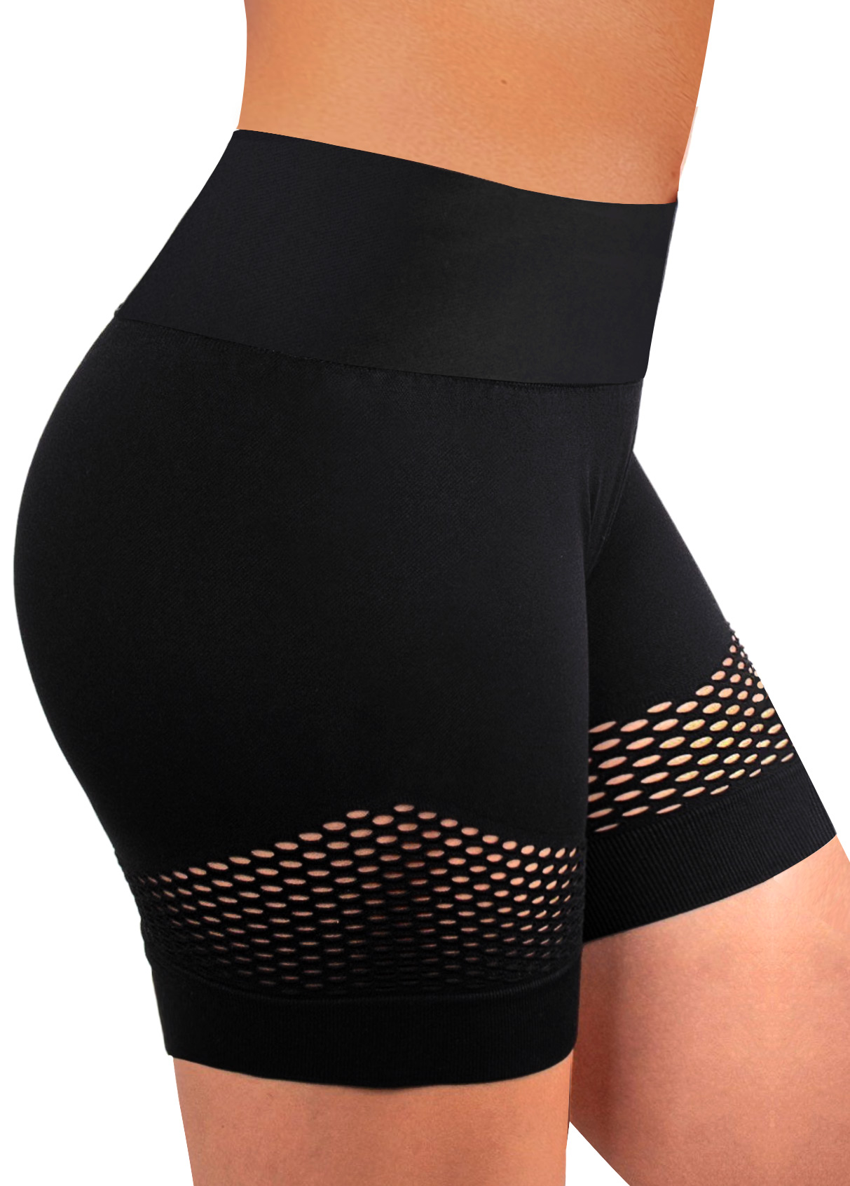 High Waisted Black Hollow Out Swim Shorts