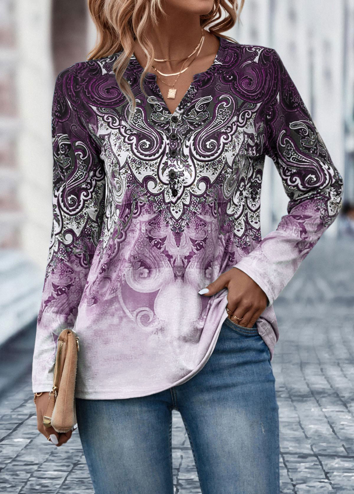 Tribal Print Button Light Purple T Shirt