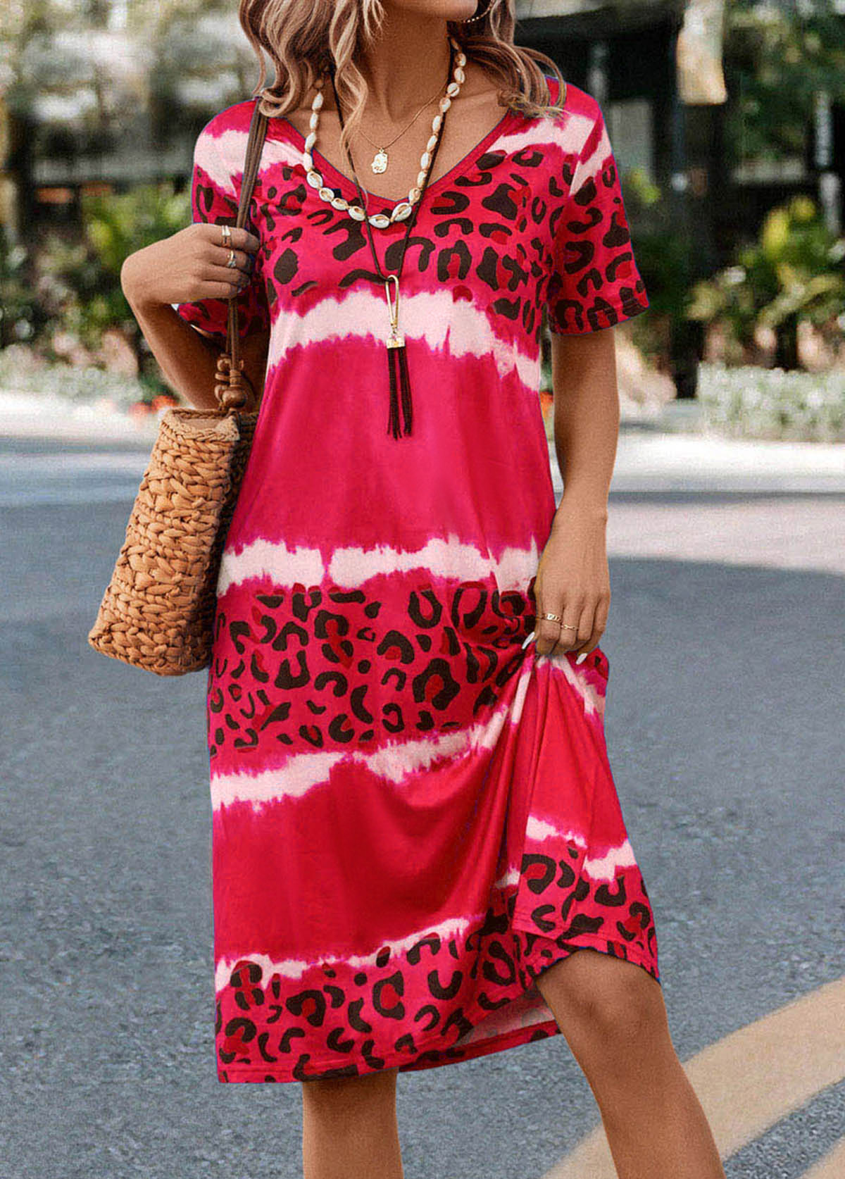 Bright Pink Leopard Print Colorblock Pop of Color Neckline Dress