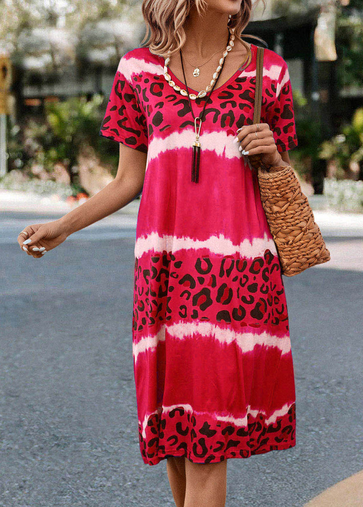 Hot Pink V Neck Leopard Dress