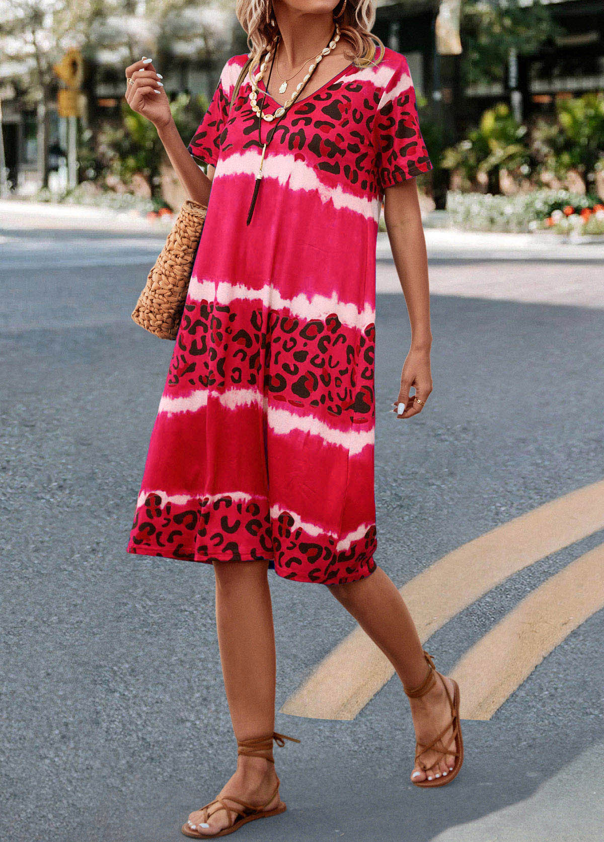 Hot Pink V Neck Leopard Dress