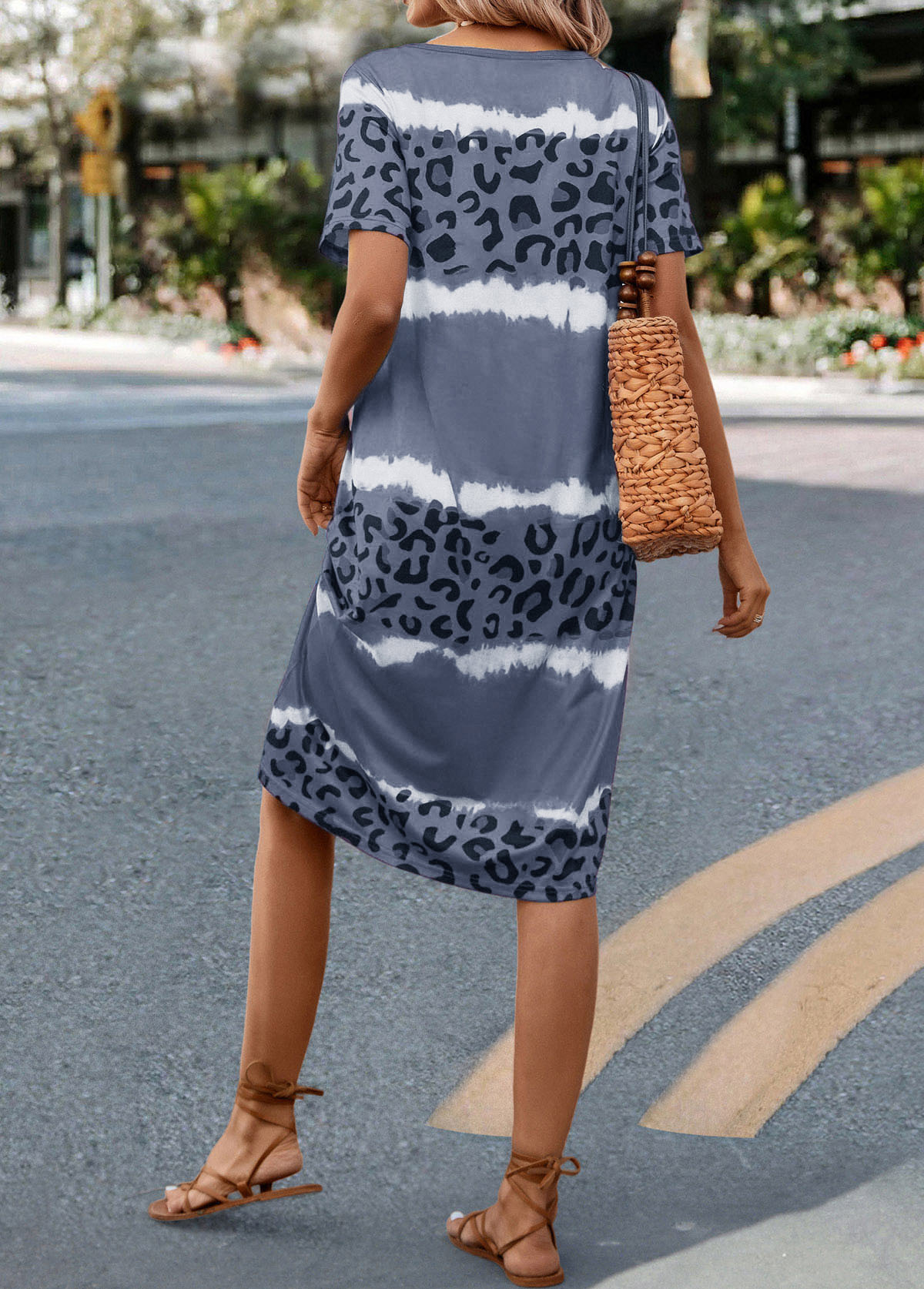 Grey H Shape V Neck Leopard Dress