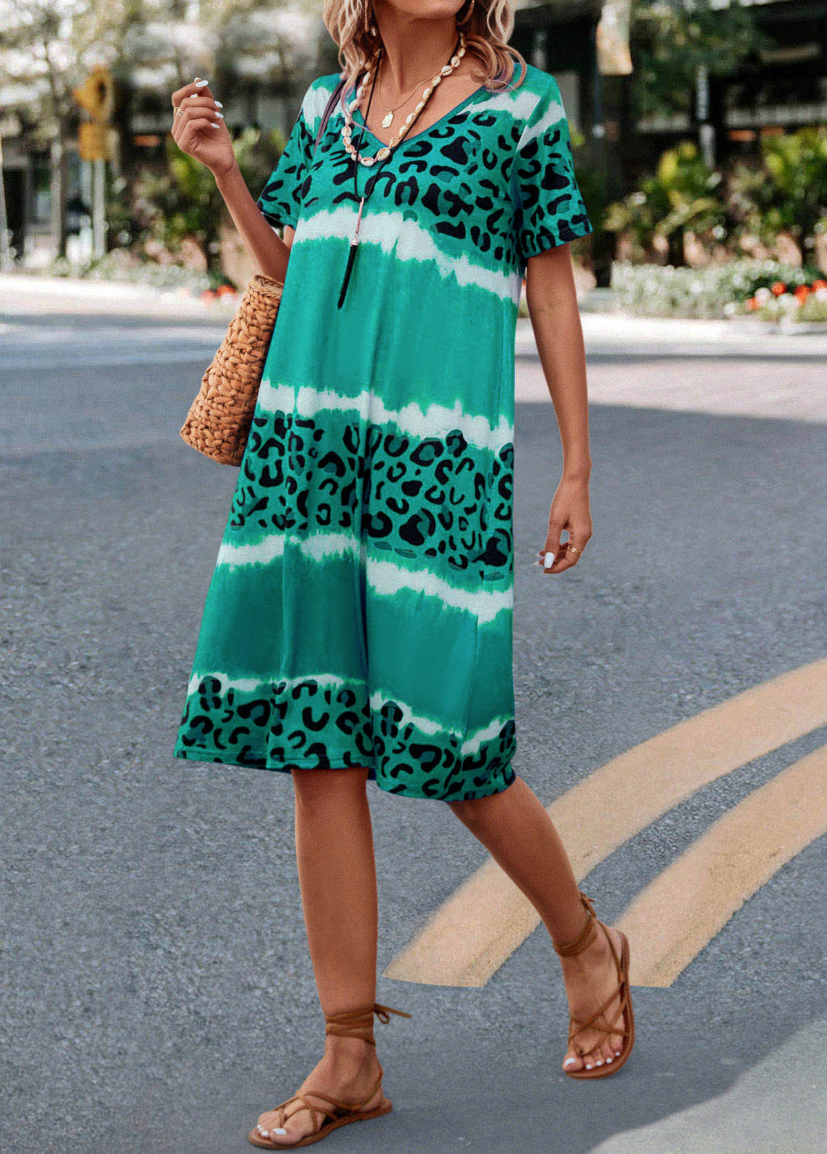 Green H Shape V Neck Leopard Dress
