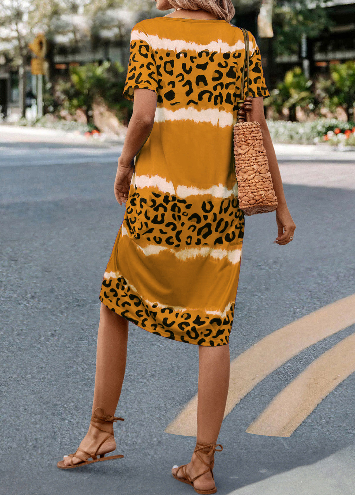 Leopard H Shape V Neck Yellow Dress