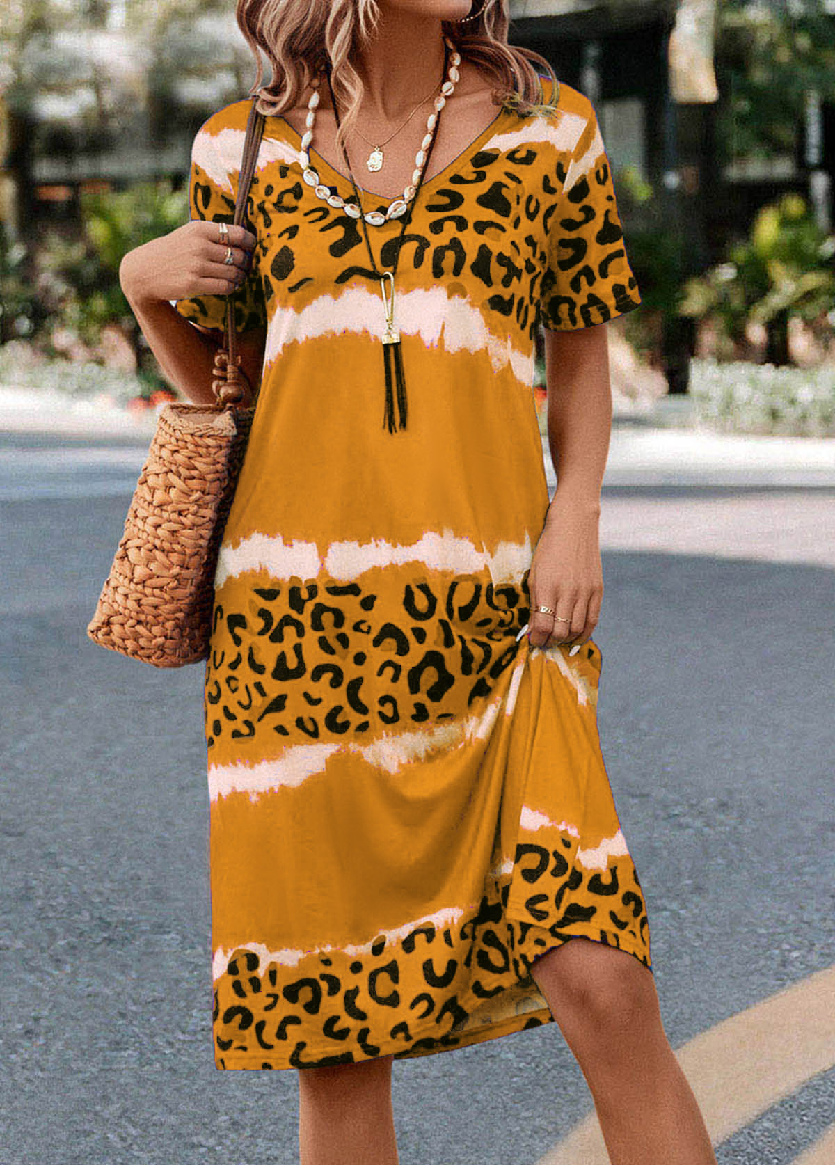 Leopard H Shape V Neck Yellow Dress