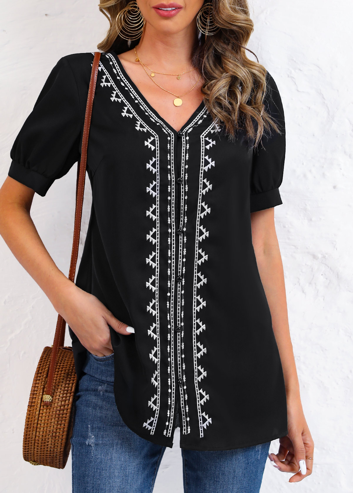 Tribal Print Embroidery Black V Neck Blouse
