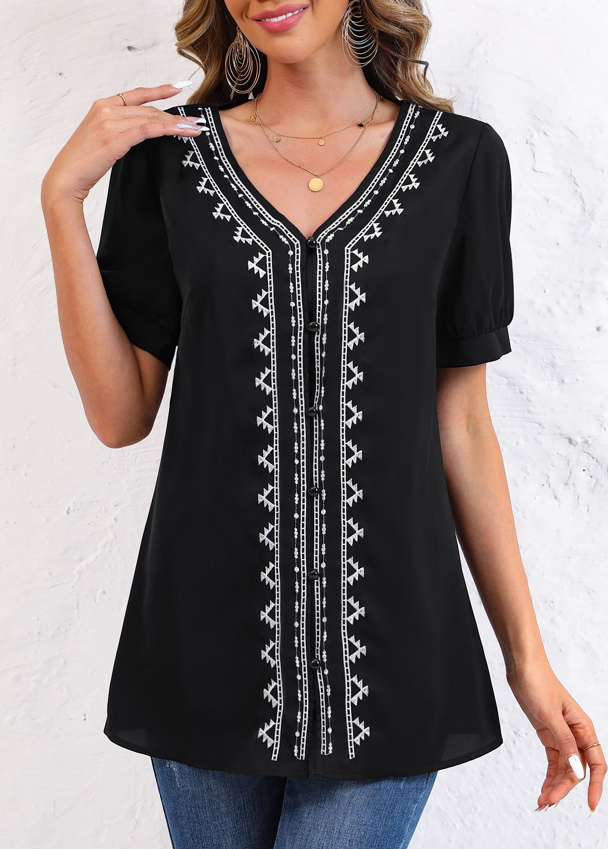Tribal Print Embroidery Black V Neck Blouse