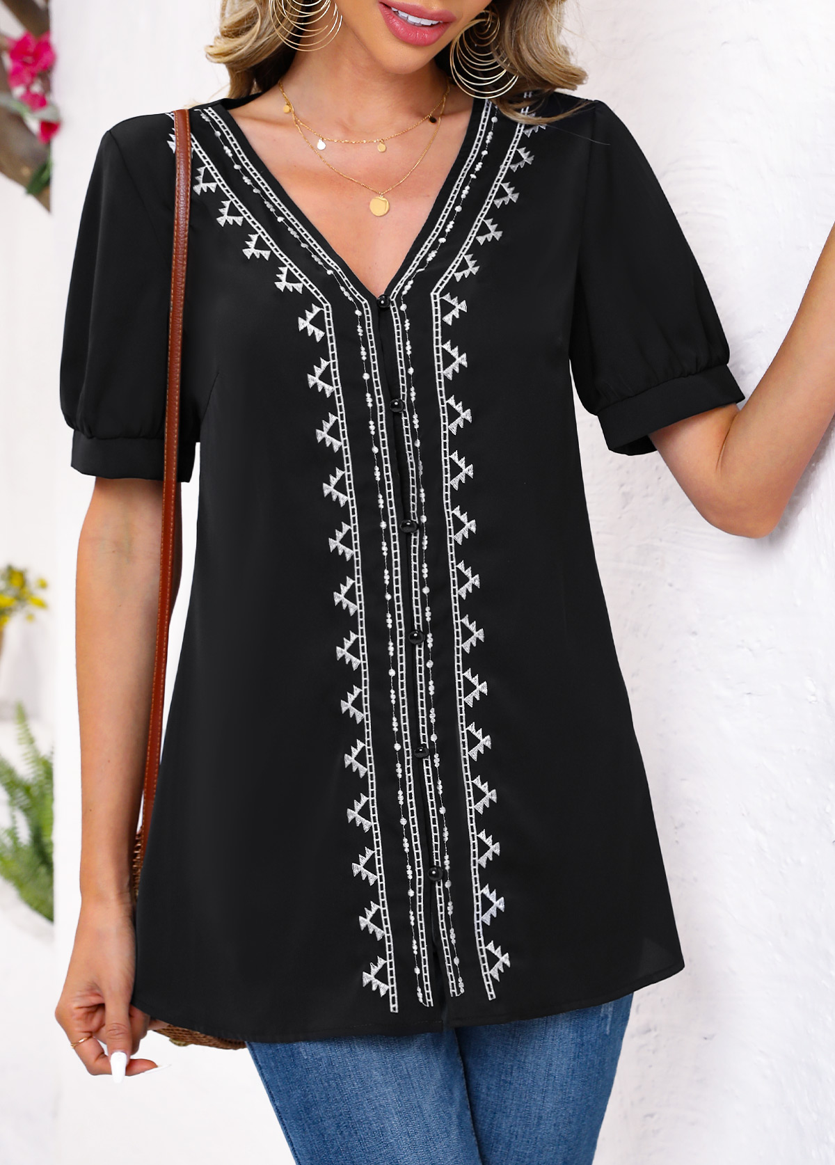 Tribal Print Embroidery Black V Neck Blouse