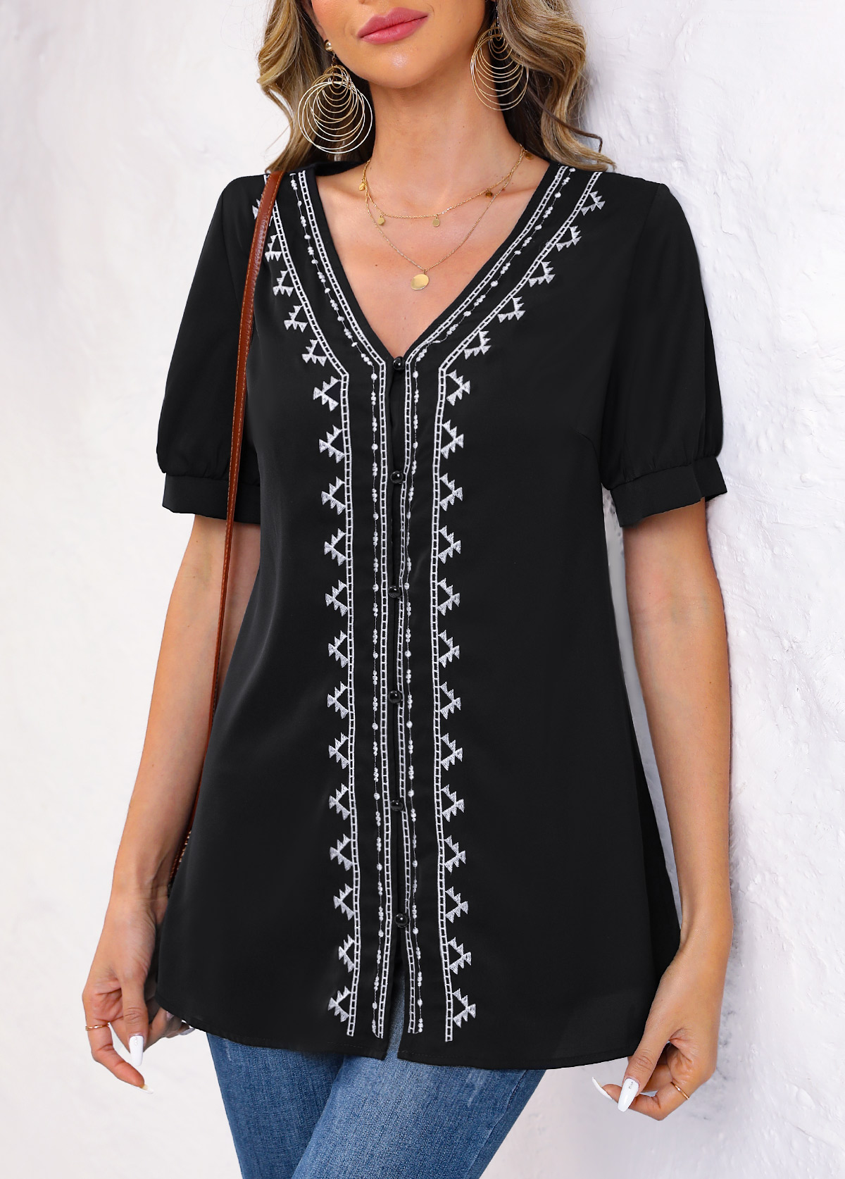 Tribal Print Embroidery Black V Neck Blouse