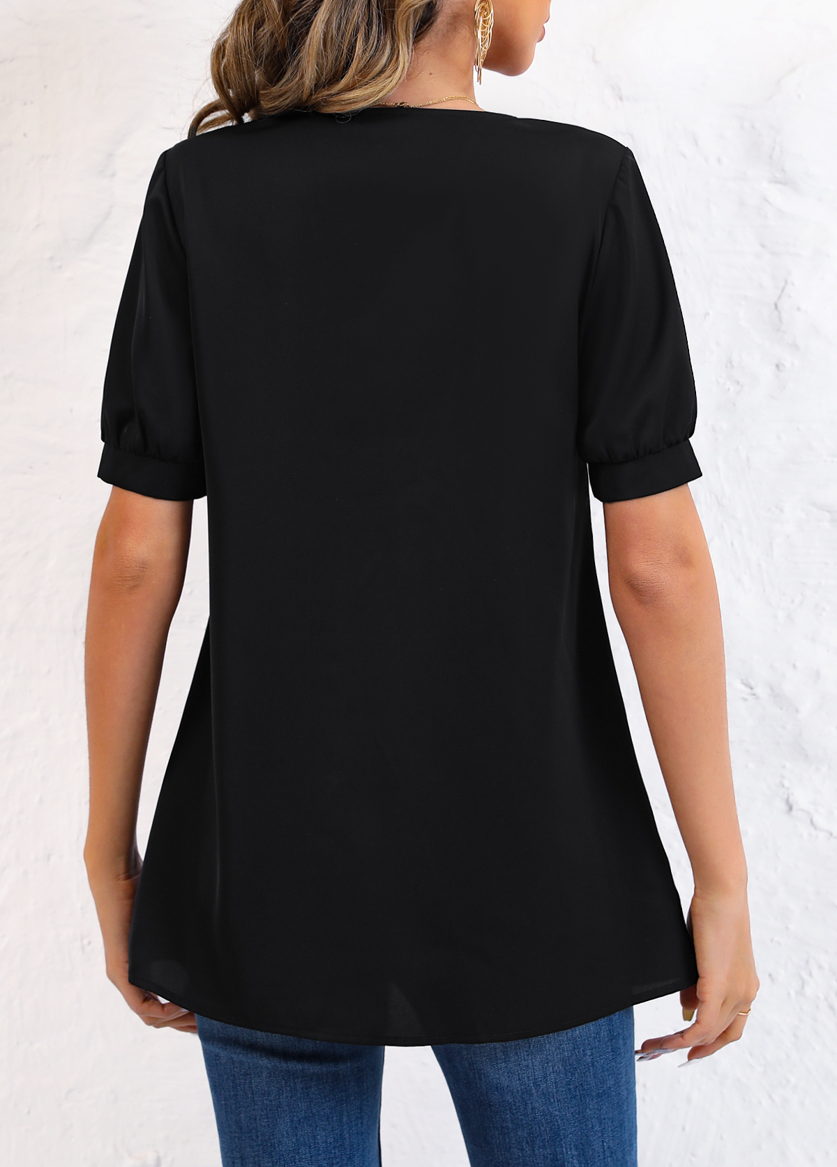 Tribal Print Embroidery Black V Neck Blouse