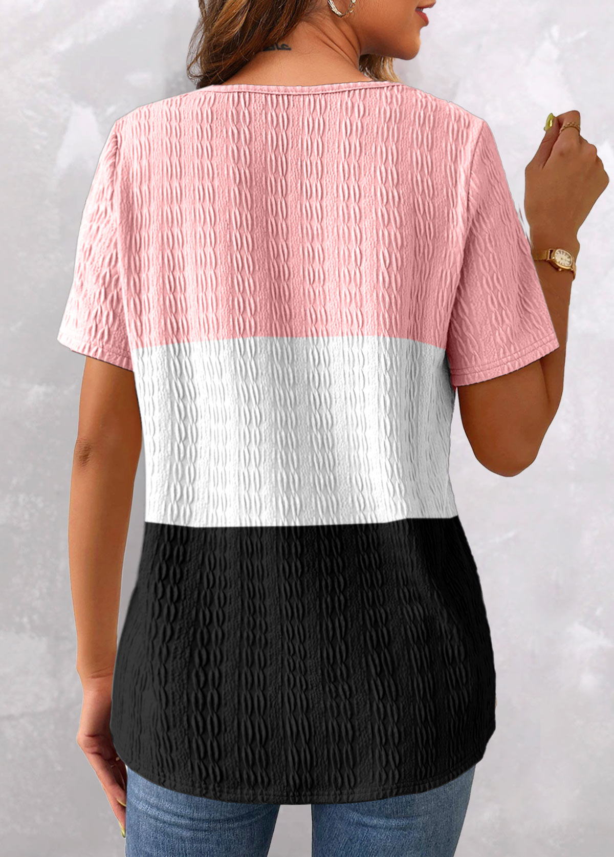 Plus Size Pink Patchwork Short Sleeve T Shirt