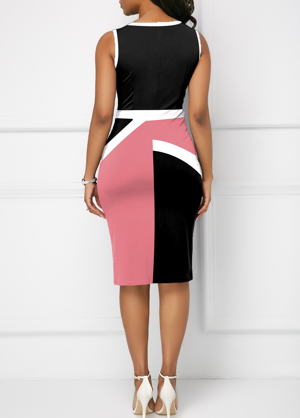 Geometric Print Split Pink Round Neck Bodycon Dress