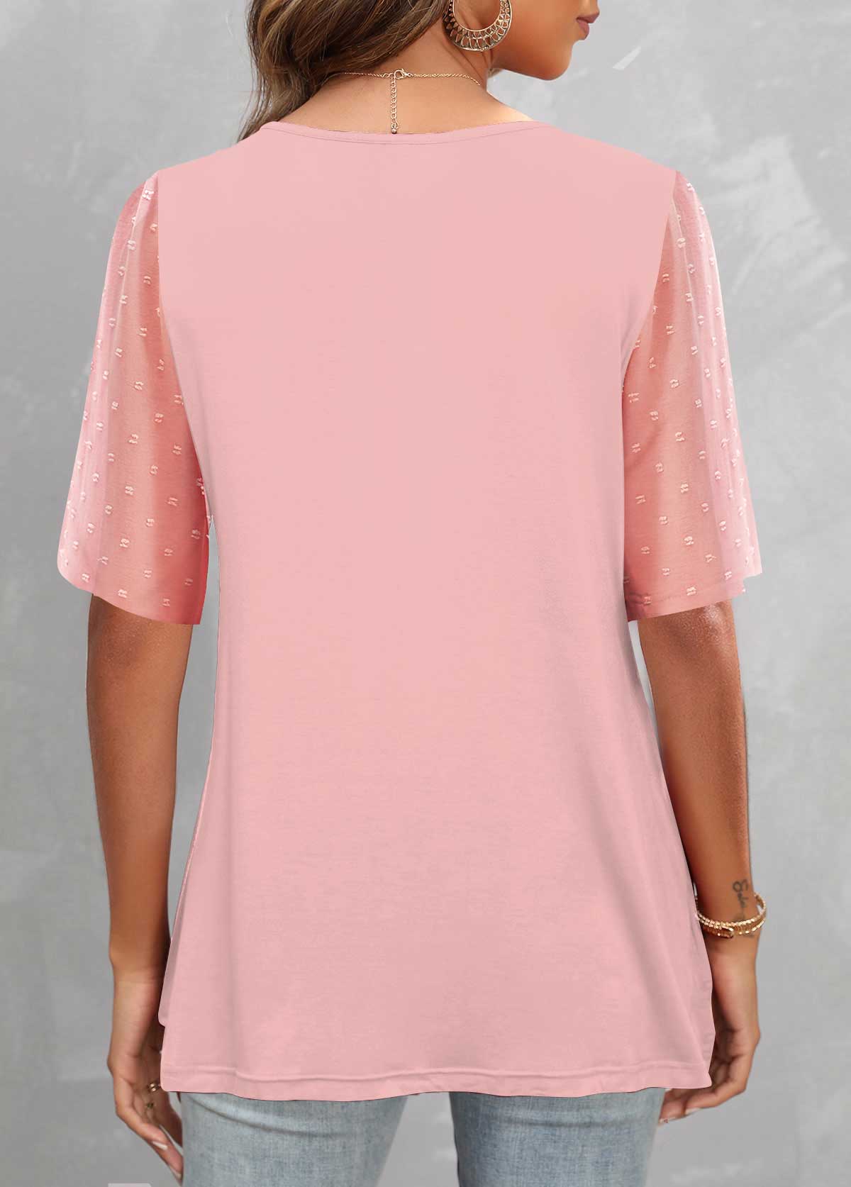 Fake 2in1 Round Neck Pink T Shirt